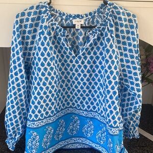 J Crew Blue and White Block Floral Paisley Print Boho Popover Cotton Top